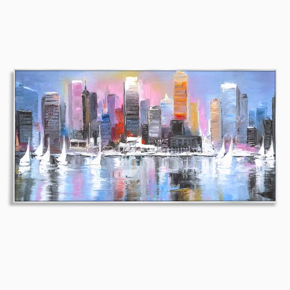 Tablou canvas cu pictura peisaj urban cu vele pe apa, in rama de aluminiu argintiu